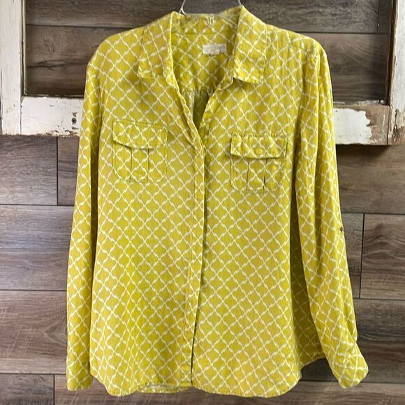 CHARTER CLUB Blouse XLarge Linen Geometric RollTab Sleeve Woven Top Shirt Yellow - Picture 2 of 8